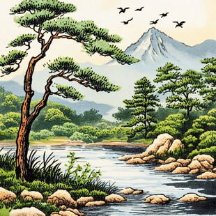 仙鹤松树山水装饰画