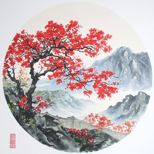 红叶树山水画