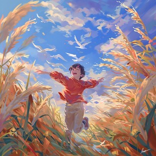 草地奔跑的少年插画