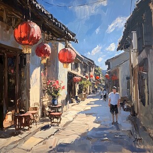 油画古街巷