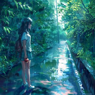 雨中撑伞的少女