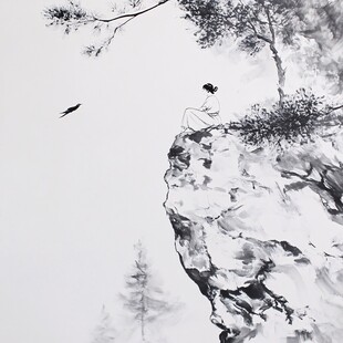 迎客松软膜天花水墨画