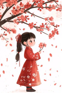 春天桃花女孩插画