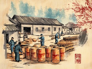 传统酱油酿造插画