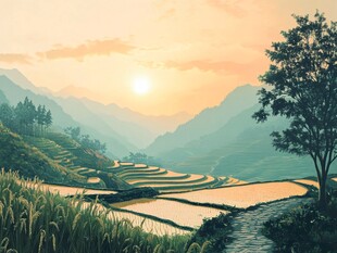 水稻梯田插画