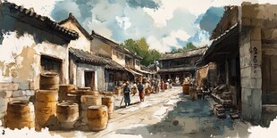 古街水彩画