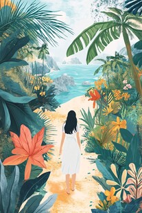 夏天看海美女背影插画