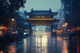 雨中古城