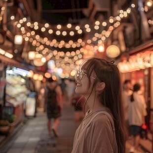 女孩在美食街旅游