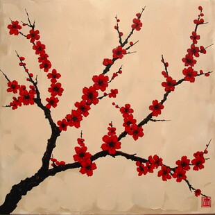 工笔手绘红墙梅花