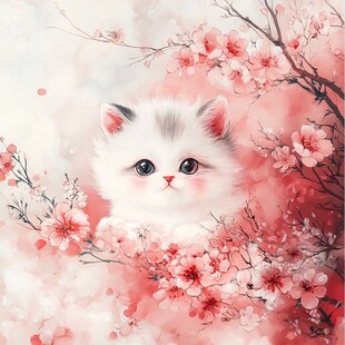 春天猫咪樱花插画壁纸