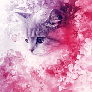 春天猫咪樱花插画壁纸