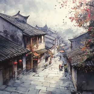 古街水彩画