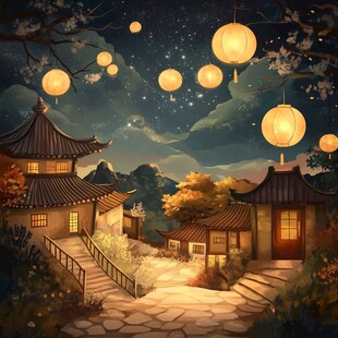 虎溪夜月景点插画