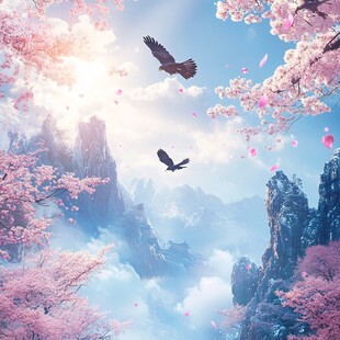 飞鸟立在樱花树上