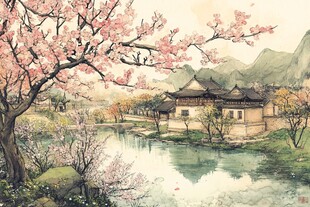 桃花源记古风山水插画