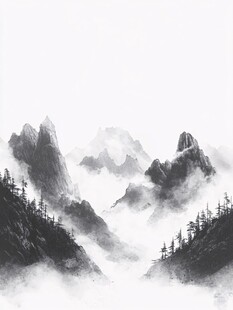 正方形水墨画远山烟雾