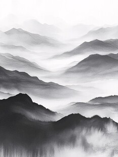 黑白抽象远山山水画