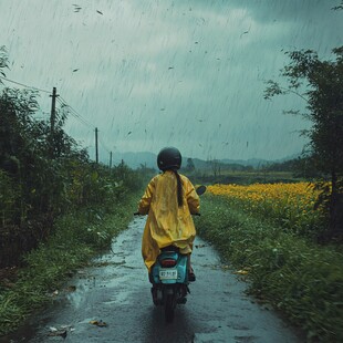 冒雨骑摩托车