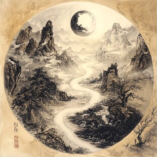 禅意山水圆形画