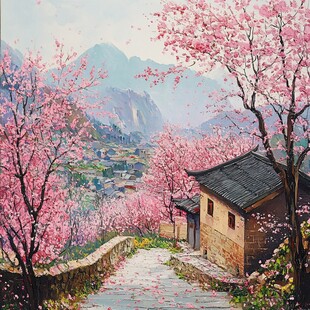 桃花风景油画