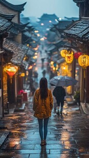 打伞走过古街道的女人