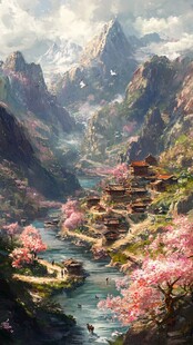 桃花源记古风山水插画