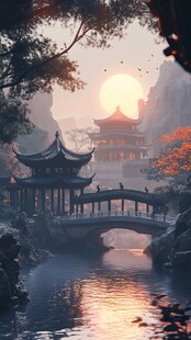 亭台楼阁旭日东升