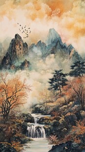 手绘风景画烟雾山水画