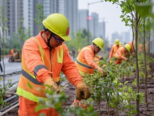 工人栽种绿化带