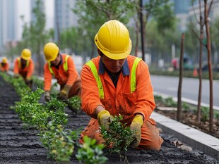 工人栽种绿化带