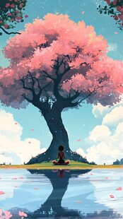 樱花树下坐秋千的女孩