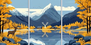 禅境山峰湖泊河流鹿树