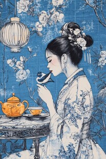 旗袍美人喝茶插画