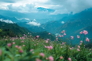 花海远山云雾