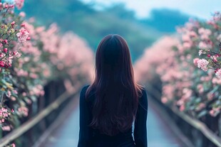 赏花红衣姑娘背影