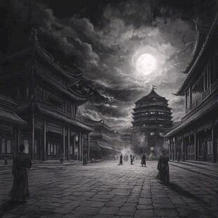 手绘古代夜景