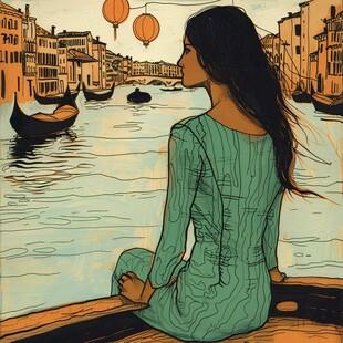 坐在河边的女孩