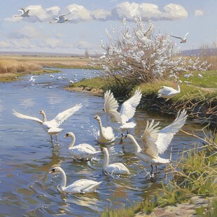 白天鹅禽鸟类油画