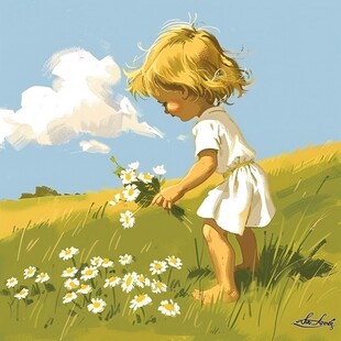 采花的小女孩插画