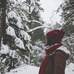 眺望白雪皑皑的森林的女人