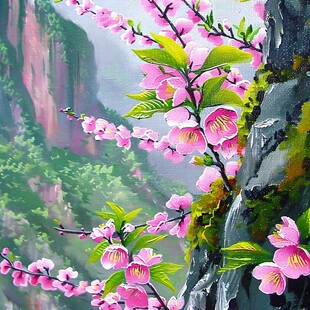 桃花风景油画