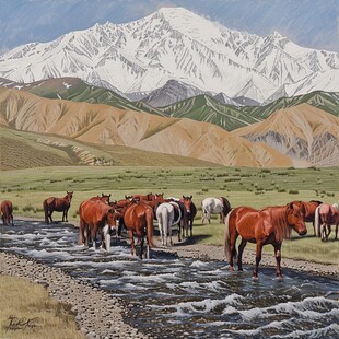 胡杨放牧牛群雪山油画