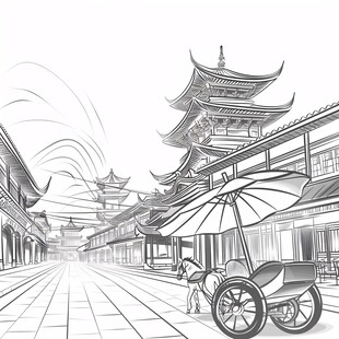 西南地区地标建筑线稿