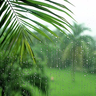 雨滴在棕榈叶上