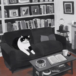 猫咪黑白风插画