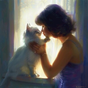 抱猫美女猫插画