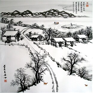 手绘山村雪景图