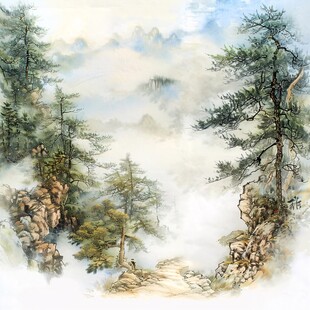 手绘风景画烟雾山水画