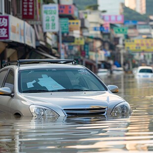 一辆汽车通过积水路